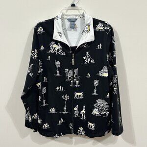VTG 90s Koret Womens Knit Jacket w/ Pockets Full Zip Black City Scene Size LG